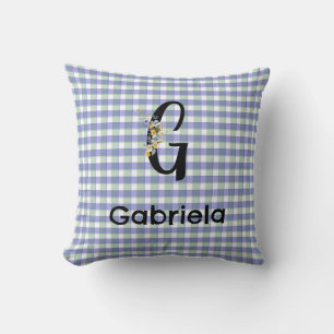 Monogram  flower gingham blue green pattern throw pillow