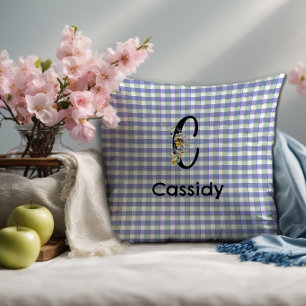 Monogram  flower gingham blue green pattern throw pillow