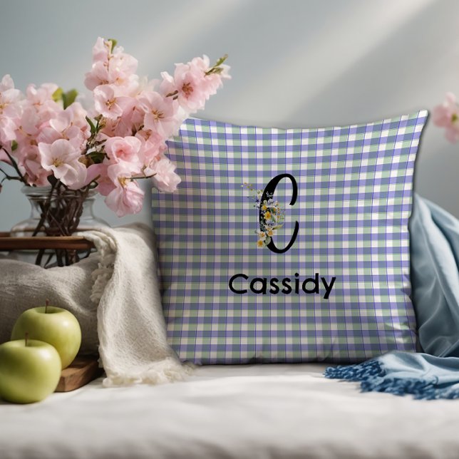 Monogram  flower gingham blue green pattern throw pillow (Creator Uploaded)