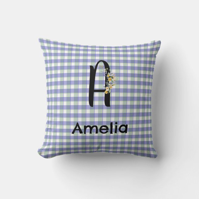 Monogram  flower gingham blue green pattern throw pillow (Front)