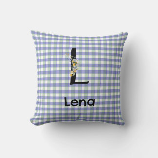 Monogram flower gingham blue green pattern throw pillow
