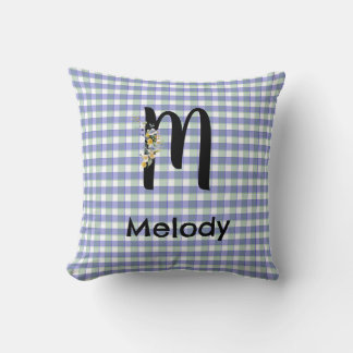 Monogram flower gingham blue green pattern throw pillow