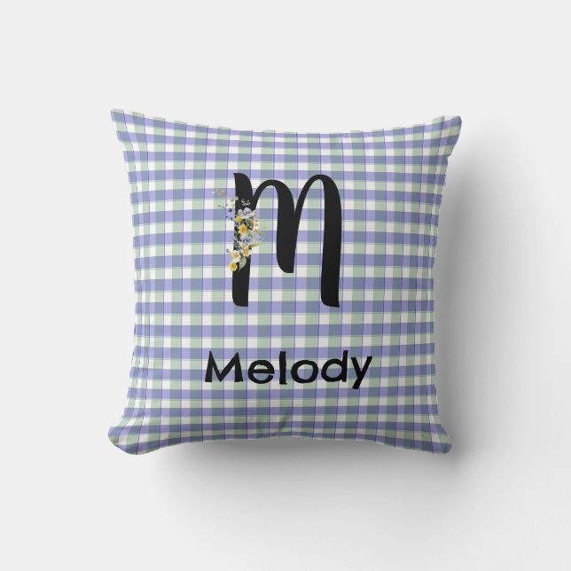 Monogram  flower gingham blue green pattern throw pillow (Front)