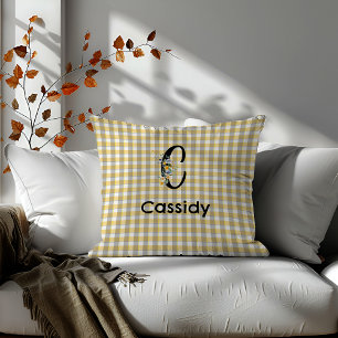Monogram  flower gingham blue grey pattern throw pillow