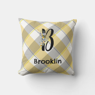 Monogram flower gingham blue grey pattern throw pillow