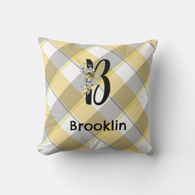 Monogram flower gingham blue grey pattern throw pillow (Front)
