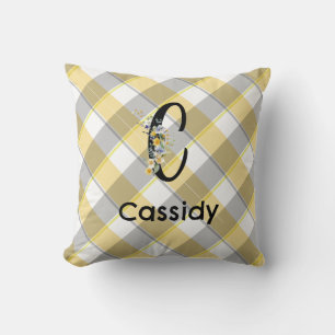 Monogram  flower gingham blue grey pattern throw pillow