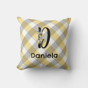 Monogram  flower gingham blue grey  throw pillow