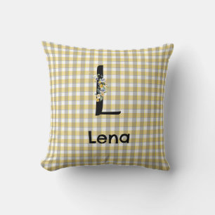 Monogram flower gingham yellow grey pattern throw pillow