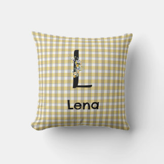 Monogram flower gingham yellow grey pattern throw pillow