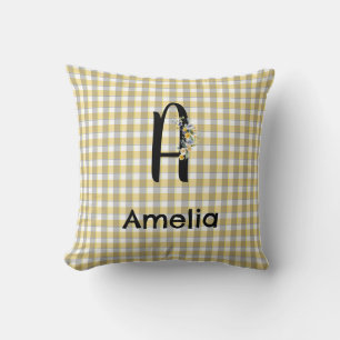Monogram flower gingham yellow grey pattern throw pillow