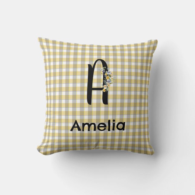 Monogram  flower gingham yellow grey pattern throw pillow (Front)