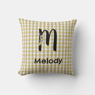 Monogram flower gingham yellow grey pattern throw pillow
