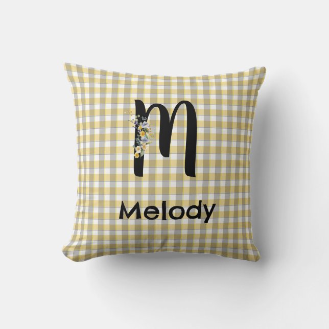 Monogram  flower gingham yellow grey pattern throw pillow (Front)