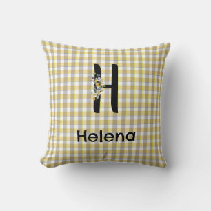 Monogram  flower gingham yellow grey pattern throw pillow