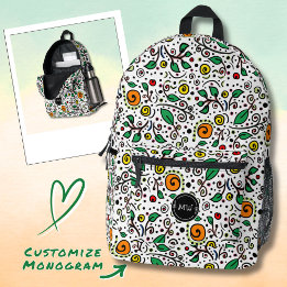 Monogram Flower Pattern orange Swirl Berry White Printed Backpack