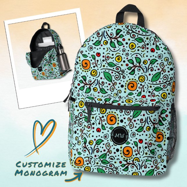 Monogram Flower Pattern orangeSwirlBerry Turquoise Printed Backpack (Creator Uploaded)
