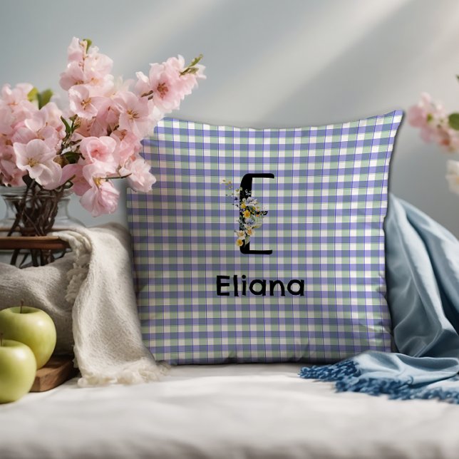 Monogram  flower retro gingham blue green  throw pillow (Creator Uploaded)