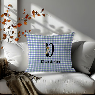 Monogram  flower retro gingham blue green  throw pillow