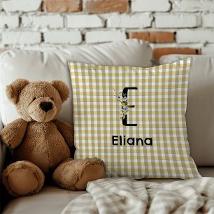 Monogram flower retro gingham blue grey throw pillow
