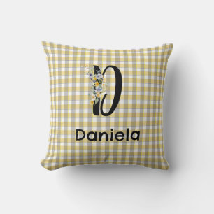 Monogram  flower retro gingham blue grey  throw pillow