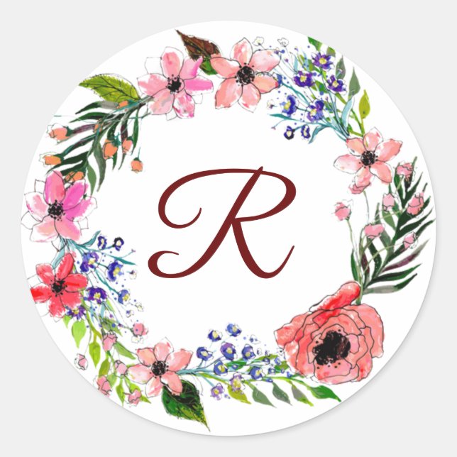 Monogram Flower Wreath Classic Round Sticker (Front)