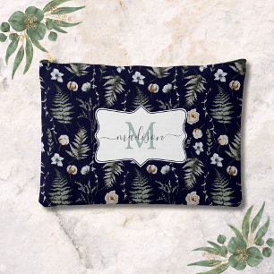 Monogram Flowers and Fern Leaves Floral Botanical Accessory Pouch