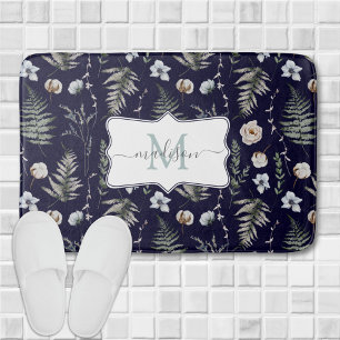 Monogram Flowers and Fern Leaves Floral Botanical Bath Mat
