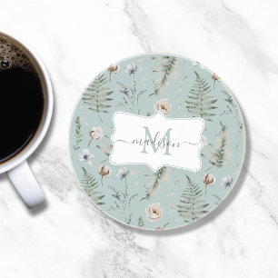 Monogram Flowers and Fern Leaves Floral Botanical Coaster