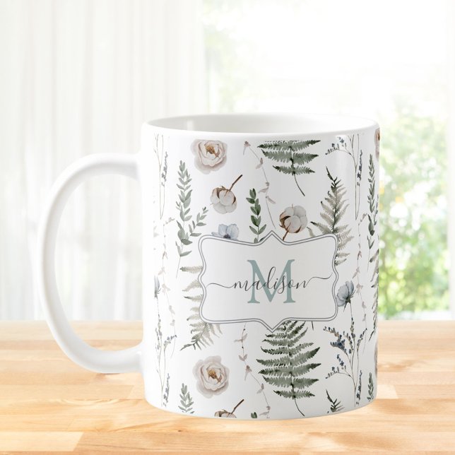 Monogram Flowers and Fern Leaves Floral Botanical Coffee Mug (In situ)