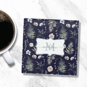 Monogram Flowers and Fern Leaves Floral Botanical Glass Coaster