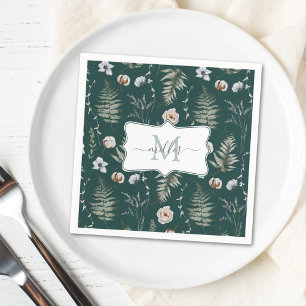 Monogram Flowers and Fern Leaves Floral Botanical Napkin