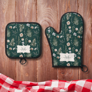 Monogram Flowers and Fern Leaves Floral Botanical Oven Mitt & Pot Holder Set