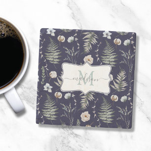 Monogram Flowers and Fern Leaves Floral Botanical Stone Coaster
