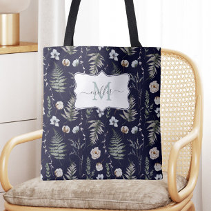 Monogram Flowers and Fern Leaves Floral Botanical Tote Bag