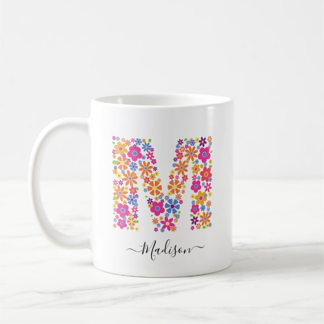 Monogram Flowers Custom Text - Floral Letter M Coffee Mug (Left)