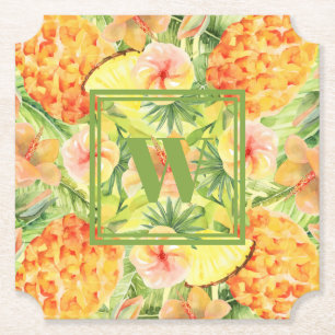 Monogram Flowers Pineapples Paper Coaster