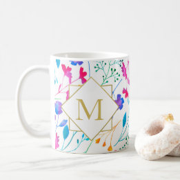 Monogram Fluro Floral Bold Colour White Mug