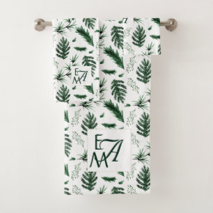Monogram Forest Green Leaves Newlyweds Wedding Bath Towel Set