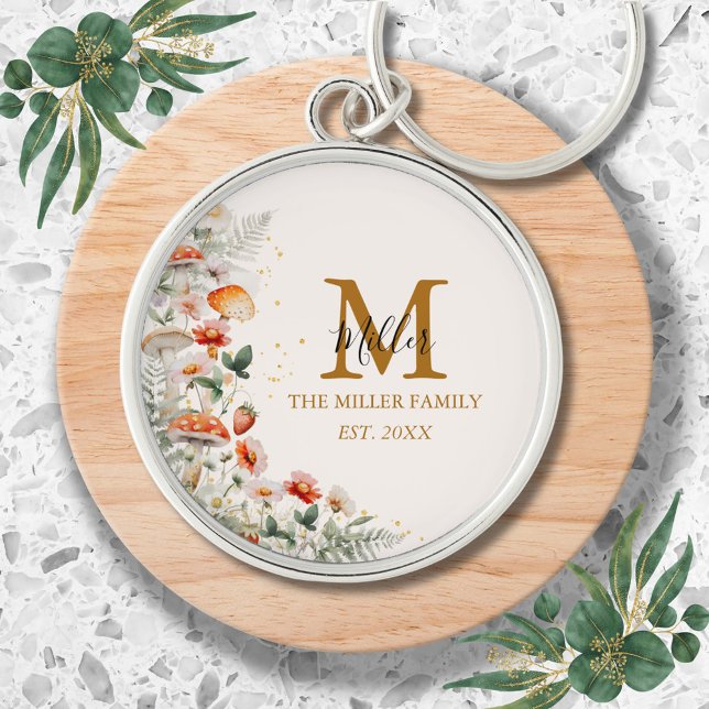 Monogram Forest Mushrooms Flowers Floral botanical Keychain (In situ)