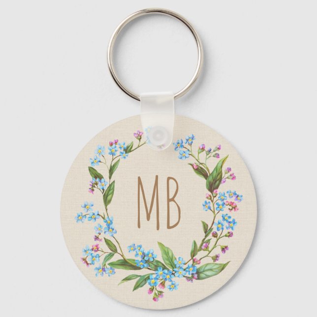 Monogram Forget-Me-Not Wreath Blue Cute Rustic Keychain (Front)