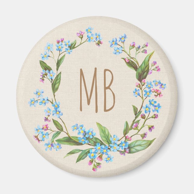 Monogram Forget-Me-Not Wreath Blue Cute Rustic Magnet (Front)