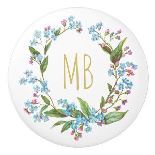 Monogram Forget-Me-Not Wreath Blue Flowers Cute Ceramic Knob
