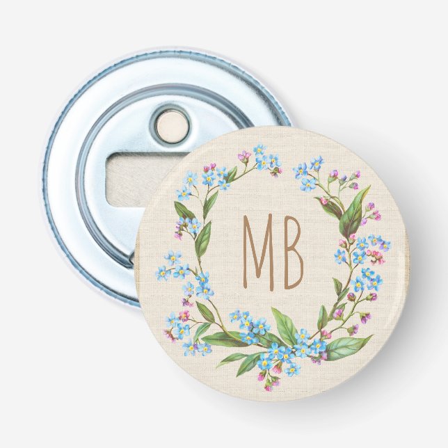 Monogram Forget-Me-Not Wreath Blue Flowers Rustic Bottle Opener (Front)