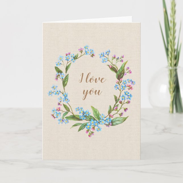 Monogram Forget-Me-Not Wreath Rustic I love You Card (Front)