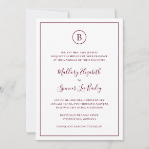 Monogram Formal Burgundy All In One Wedding Invitation