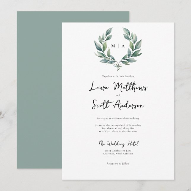 Monogram Formal Minimalist Foliage Wedding  Invitation (Front/Back)