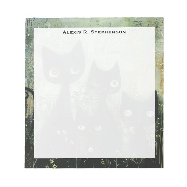 Monogram Four Black Cats with Daisies on Grey Notepad (Front)