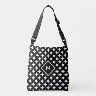 Monogram & Four-Pointed Star Pattern on Black  Crossbody Bag