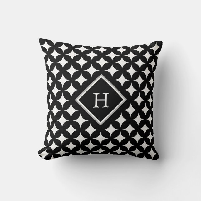 Monogram & Four-Pointed Star Pattern on Black Throw Pillow (Front)